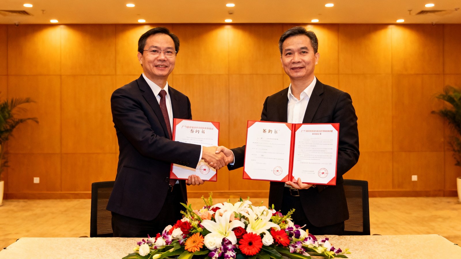 2025年1月广东省青少年体育赛事合作签约仪式现场，双方代表握手并展示签约文件。