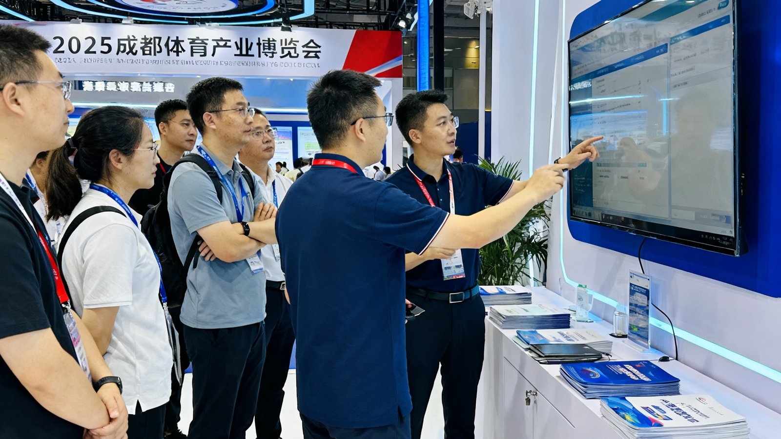 2025年成都体育产业博览会上必发6690的展位，团队成员正在向参观者演示赛事服务系统。