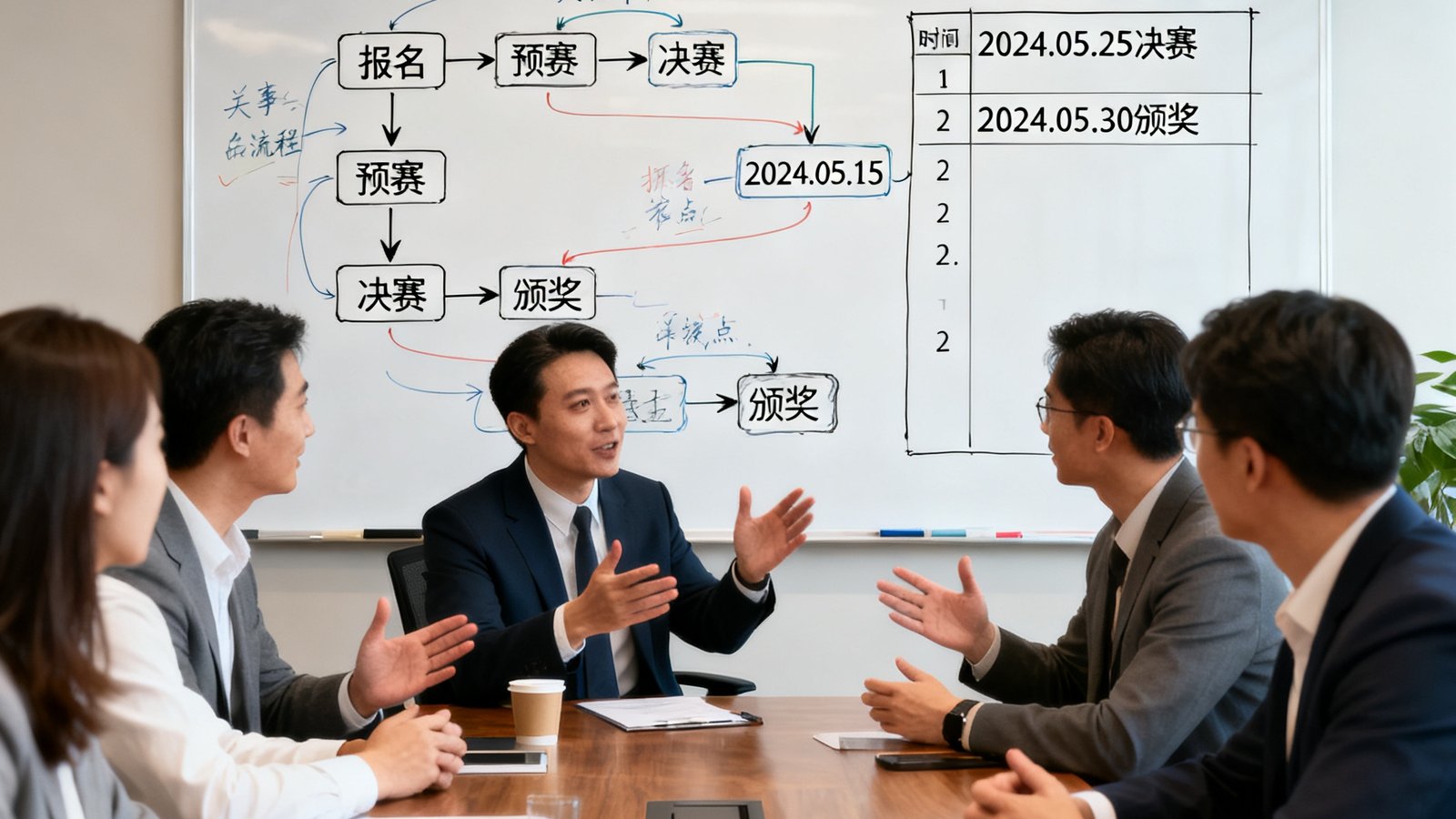 必发6690赛事策划团队在会议室热烈讨论方案，白板上绘制了详细的赛事流程图和关键节点时间表，展现专业策划能力。
