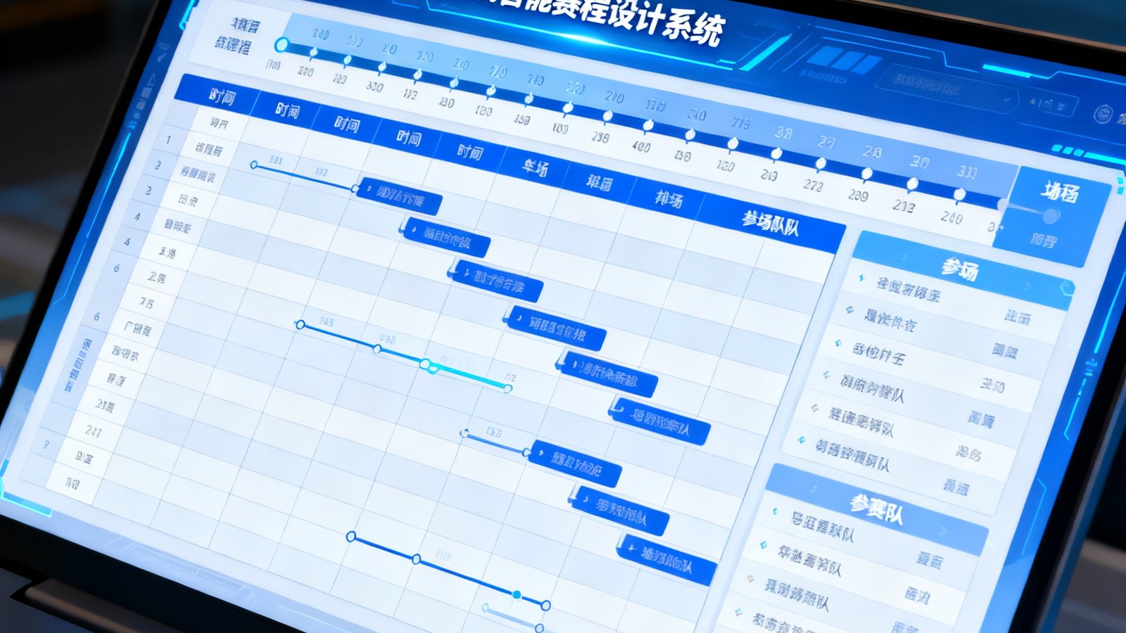 必发6690第四代智能赛程设计系统界面，屏幕上清晰展示多项目赛程排程表，包含时间轴、场地分配和参赛队伍信息。