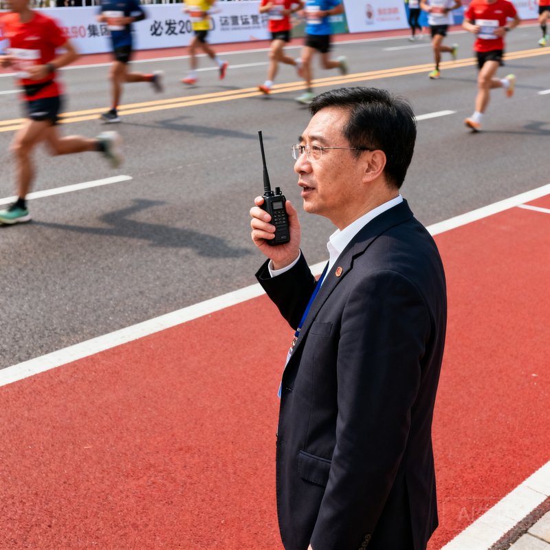必发6690集团运营总监王建民先生站在马拉松赛道旁，手持对讲机指挥现场工作。
