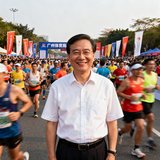 广州体育局张主任在赛事现场微笑着面对镜头，背景是热闹的马拉松起跑区。